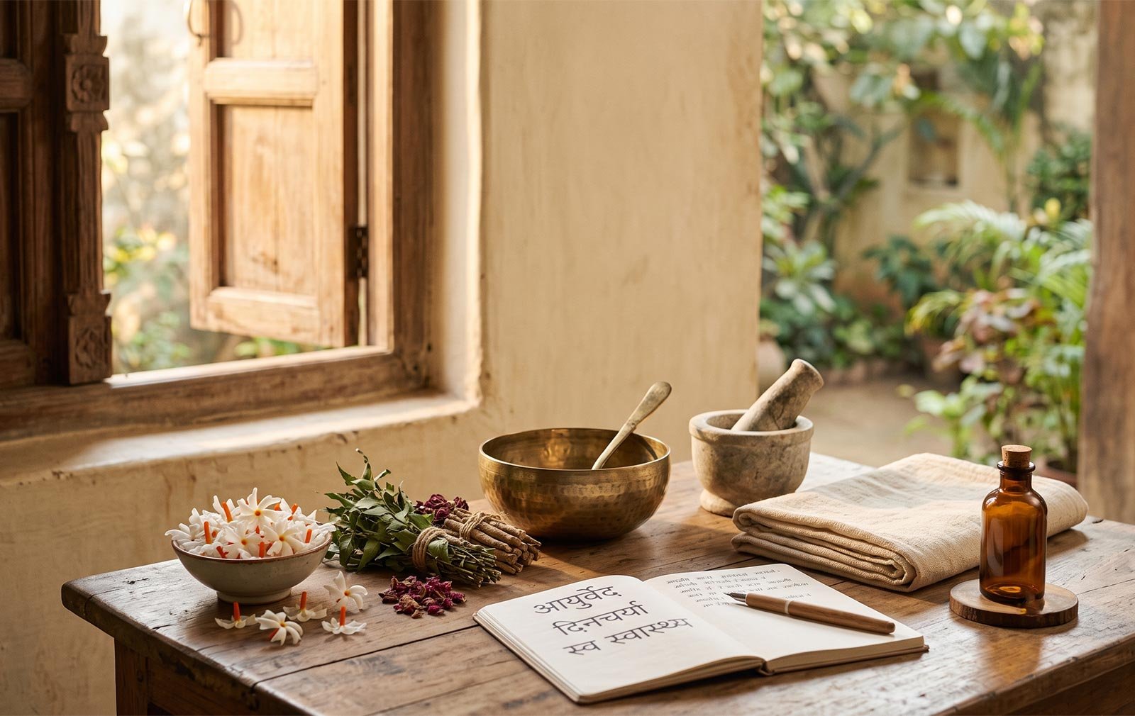 Parijat Blooms brand philosophy image showcasing Ayurvedic wellness rituals, botanical ingredients, Parijat flowers and handcrafted vegan beauty inspired by Jain values