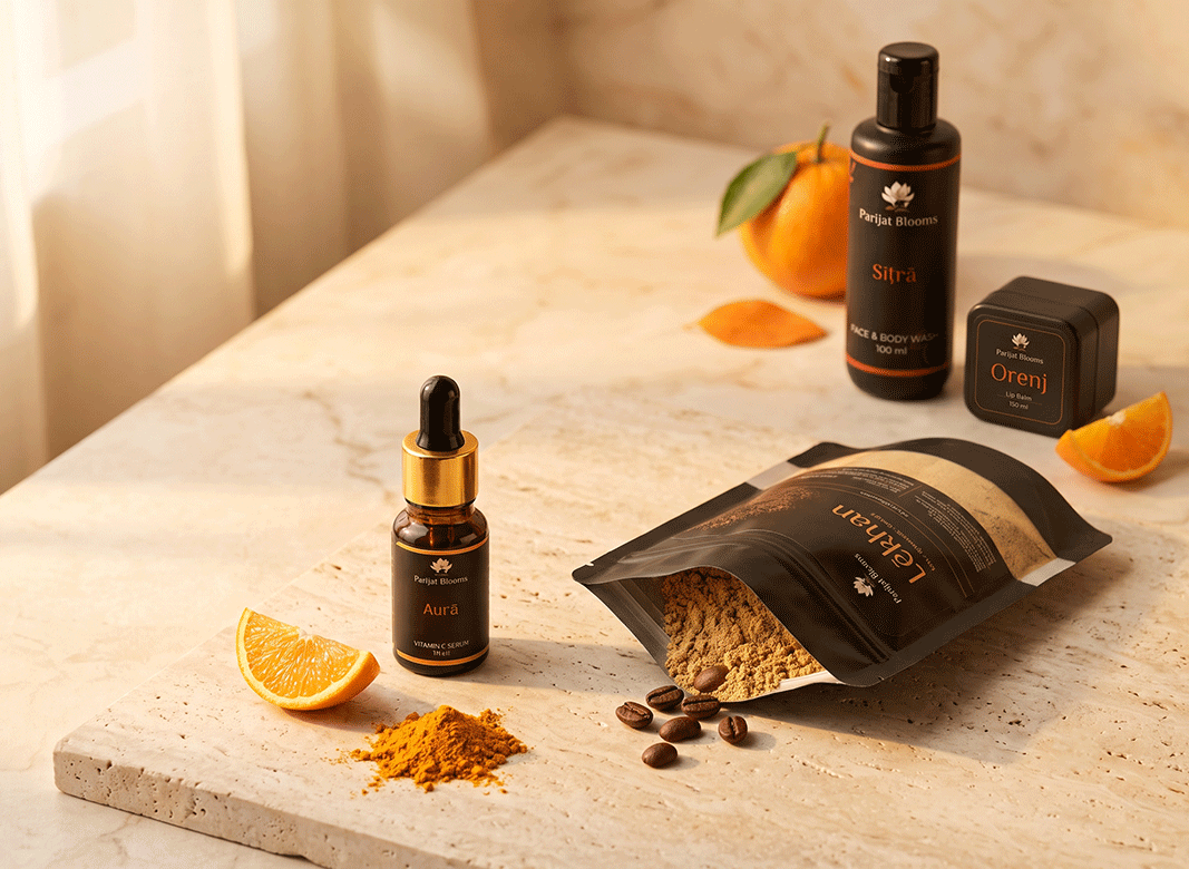 The Glow Ritual — Vitamin C serum, coffee ubtan, face wash and lip balm combo by Parijat Blooms for brightening skincare.