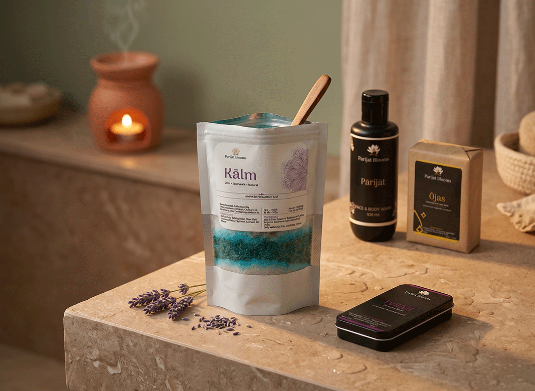 The Calm and Unwind Ritual — lavender bath salt, handcrafted soap and perfume balm combo by Parijat Blooms for relaxing self-care.