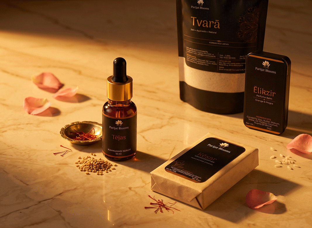 The Radiance Ritual — Kumkumadi face serum, saffron bath bar, rice ubtan and perfume balm combo by Parijat Blooms for luxury Ayurvedic glow