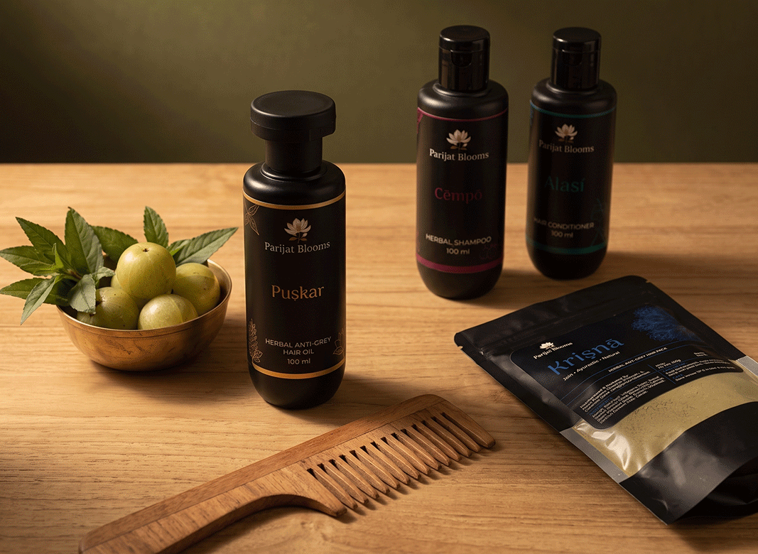 The Hair Revival Ritual — anti-grey hair oil, herbal shampoo, flaxseed conditioner and hair pack combo by Parijat Blooms for hair growth.