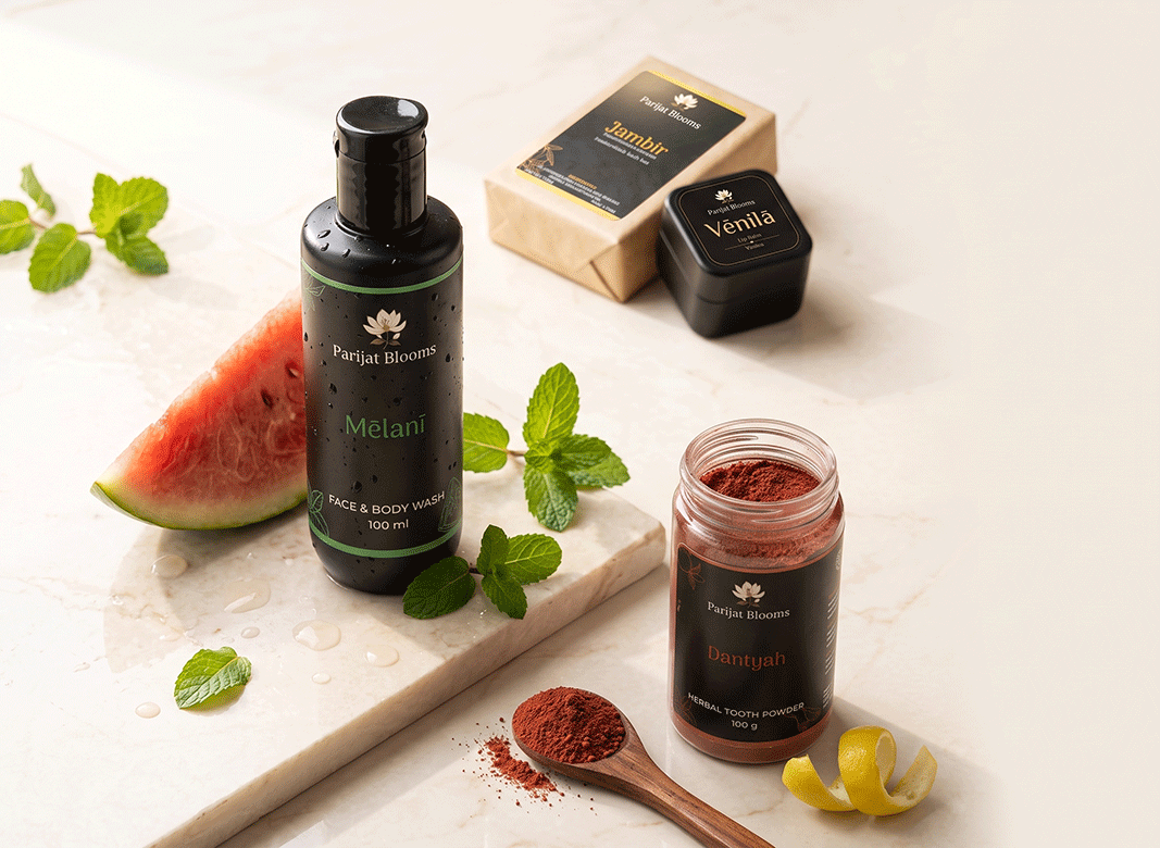 The Everyday Fresh Ritual — watermelon mint face wash, lemon bath bar, lip balm and herbal tooth powder combo by Parijat Blooms for daily care.