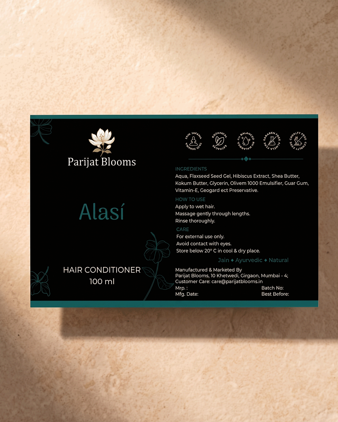 Alsi Flaxseed Hair Conditioner label and packaging — Jain Vegan natural conditioner Parijat Blooms