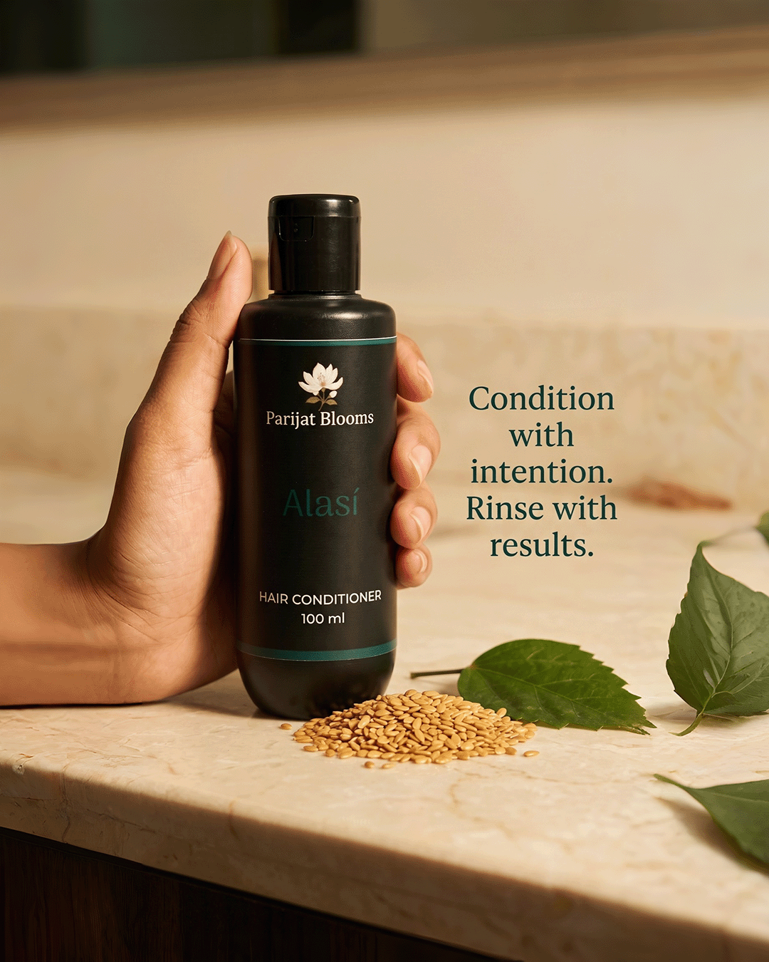 Alsi Flaxseed Hair Conditioner Ayurvedic ritual conditioner in use — hand holding conditioner Parijat Blooms India