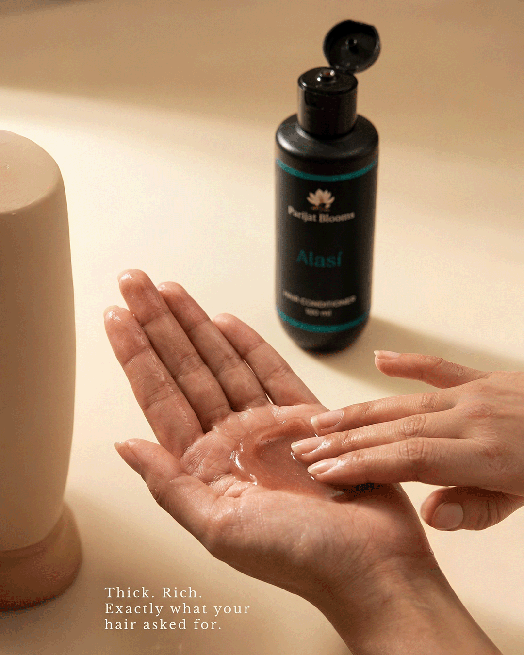 Alsi Flaxseed Hair Conditioner conditioner texture closeup — feel the nourishing smooth botanical deep conditioning frizz control hair strength shine formula by Parijat Blooms