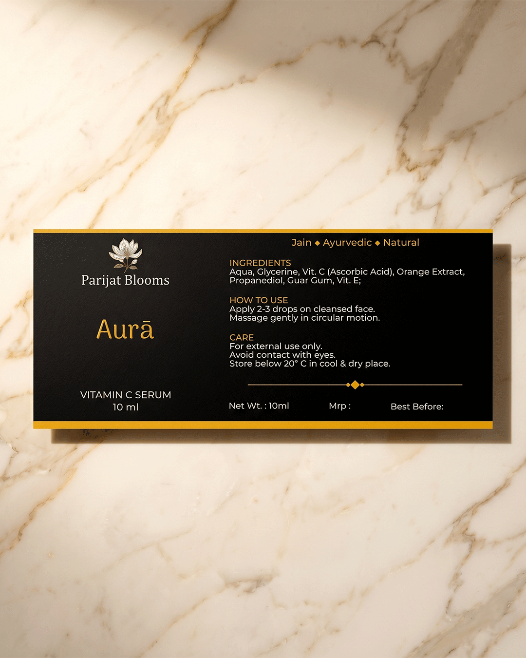 Aura Vitamin C Serum label and packaging — Jain Vegan natural face serum Parijat Blooms