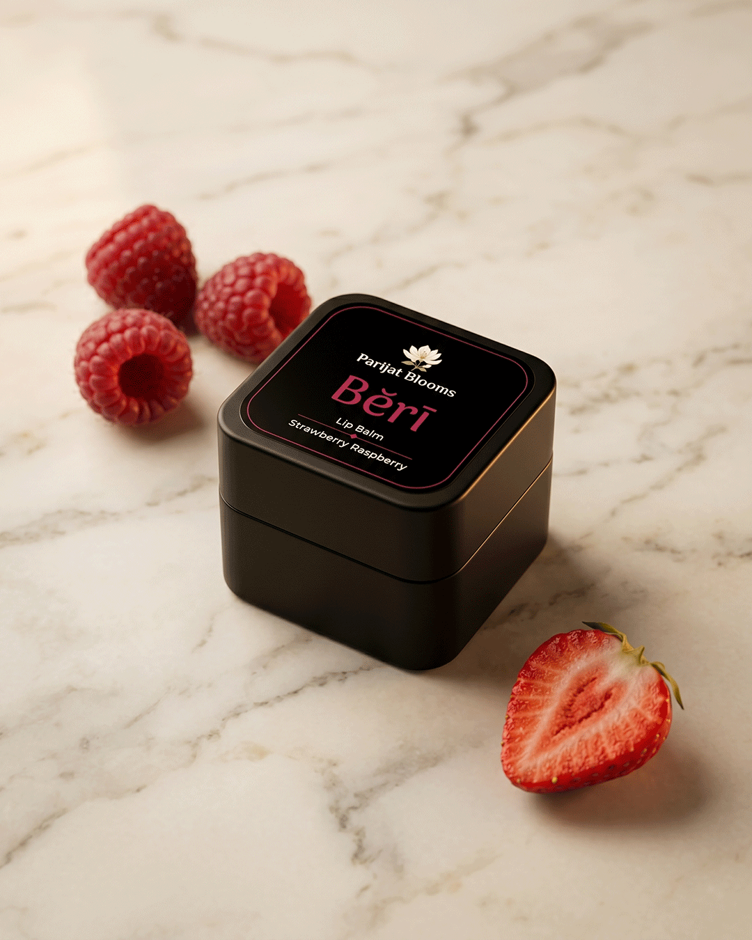 Beri Raspberry Strawberry Lip Balm premium still life with raspberry strawberry essential — luxury Ayurvedic lip balm by Parijat Blooms India