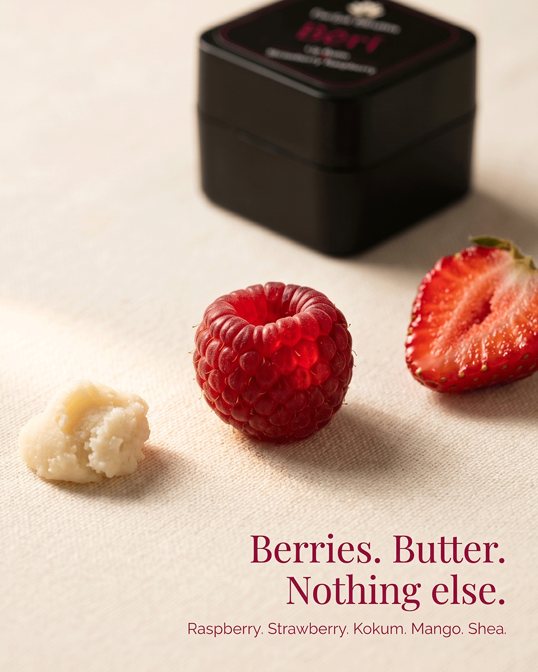 Beri Raspberry Strawberry Lip Balm hero ingredient raspberry strawberry essential macro — lip colour tint moisture antioxidant lip care natural lip balm Parijat Blooms