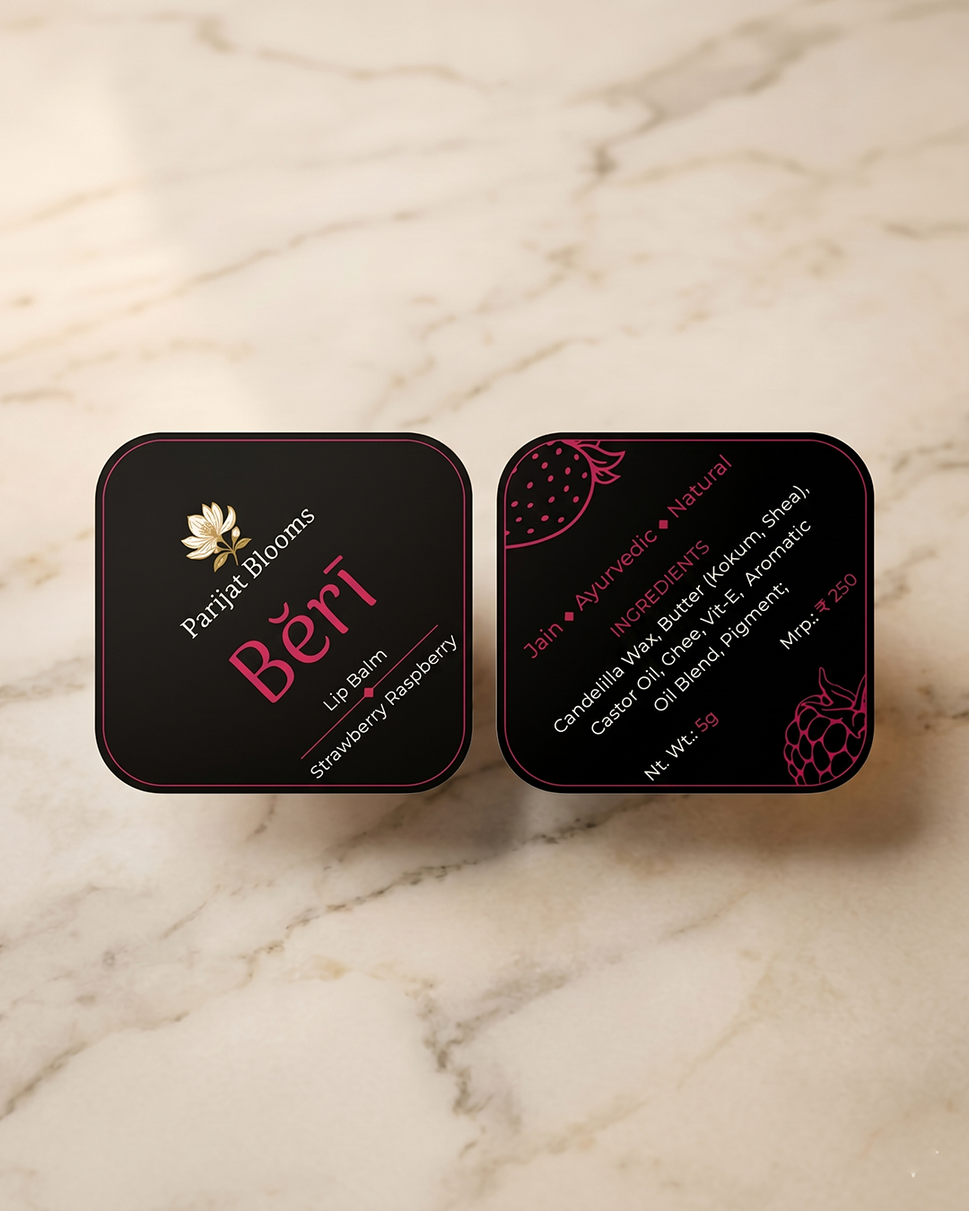 Beri Raspberry Strawberry Lip Balm label and packaging — Jain Vegan natural lip balm Parijat Blooms