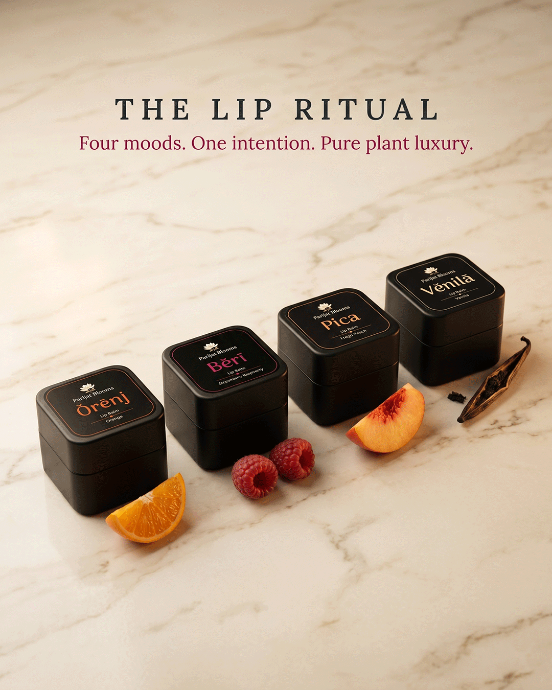 Parijat Blooms lip balm ritual range — Beri Raspberry Strawberry Lip Balm and complementary products skincare routine India