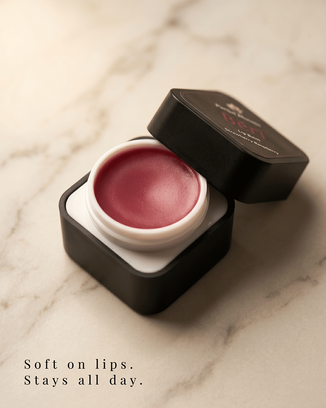 Beri Raspberry Strawberry Lip Balm lip balm texture closeup — feel the berry vibrant fun lip colour tint moisture antioxidant lip care formula by Parijat Blooms