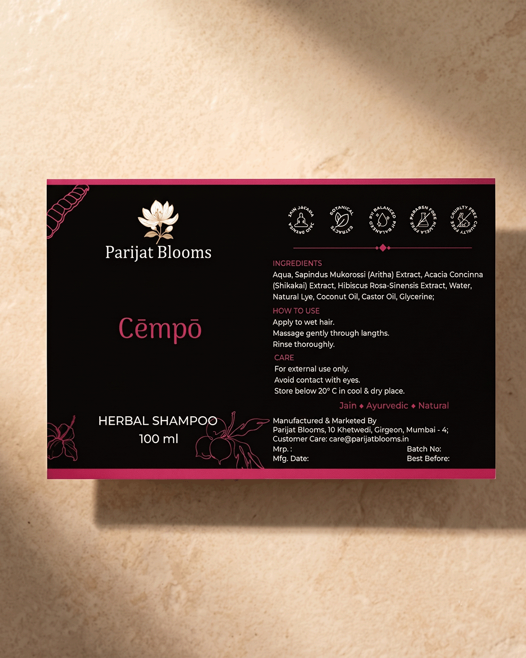 Cempo Herbal Shampoo label and packaging — Jain Vegan natural shampoo Parijat Blooms