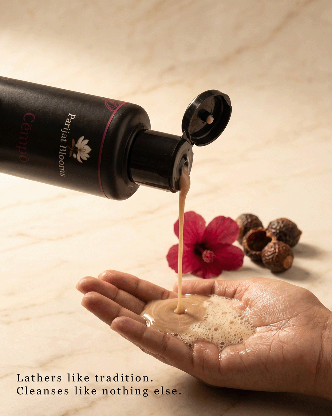 Cempo Herbal Shampoo shampoo texture closeup — feel the herbal traditional ayurvedic natural cleanse hair strength scalp balance shine formula by Parijat Blooms