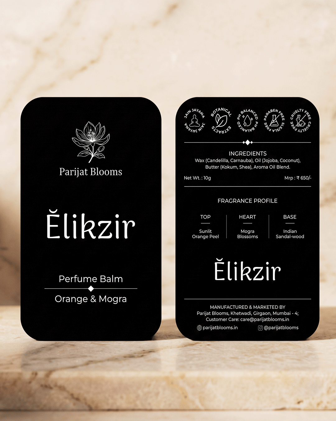 Elikzir Orange Mogra Perfume Balm label and packaging — Jain Vegan natural perfume balm Parijat Blooms