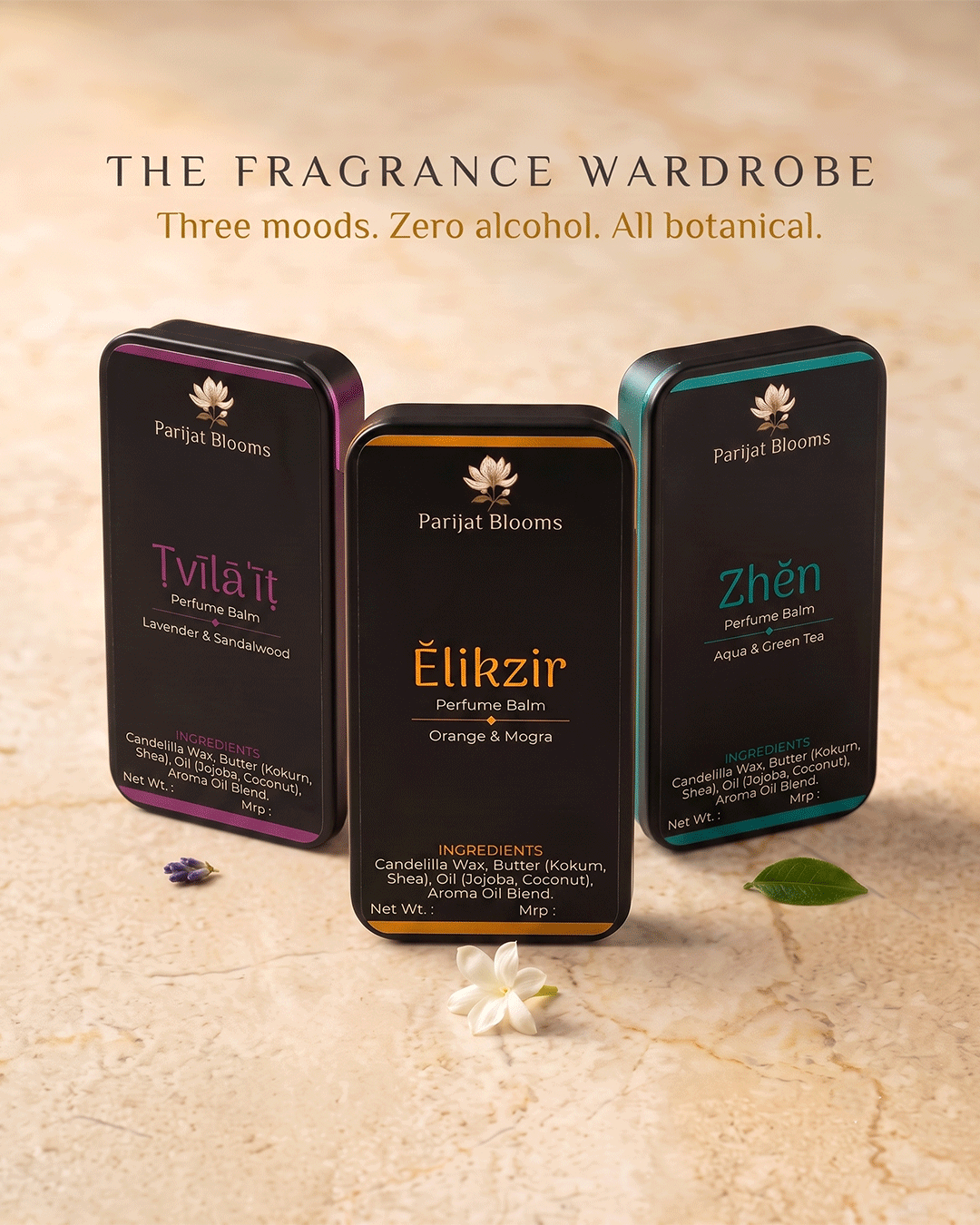 Parijat Blooms perfume balm ritual range — Elikzir Orange Mogra Perfume Balm and complementary products skincare routine India