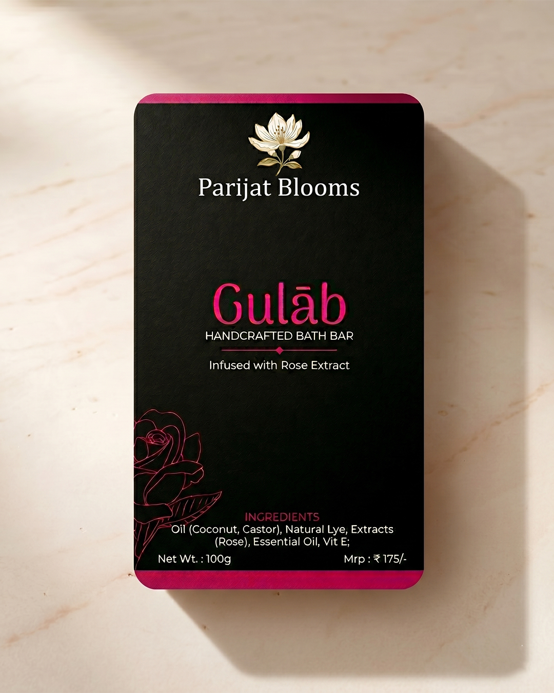 Gulab Handcrafted Bath Bar label and packaging — Jain Vegan natural soap Parijat Blooms