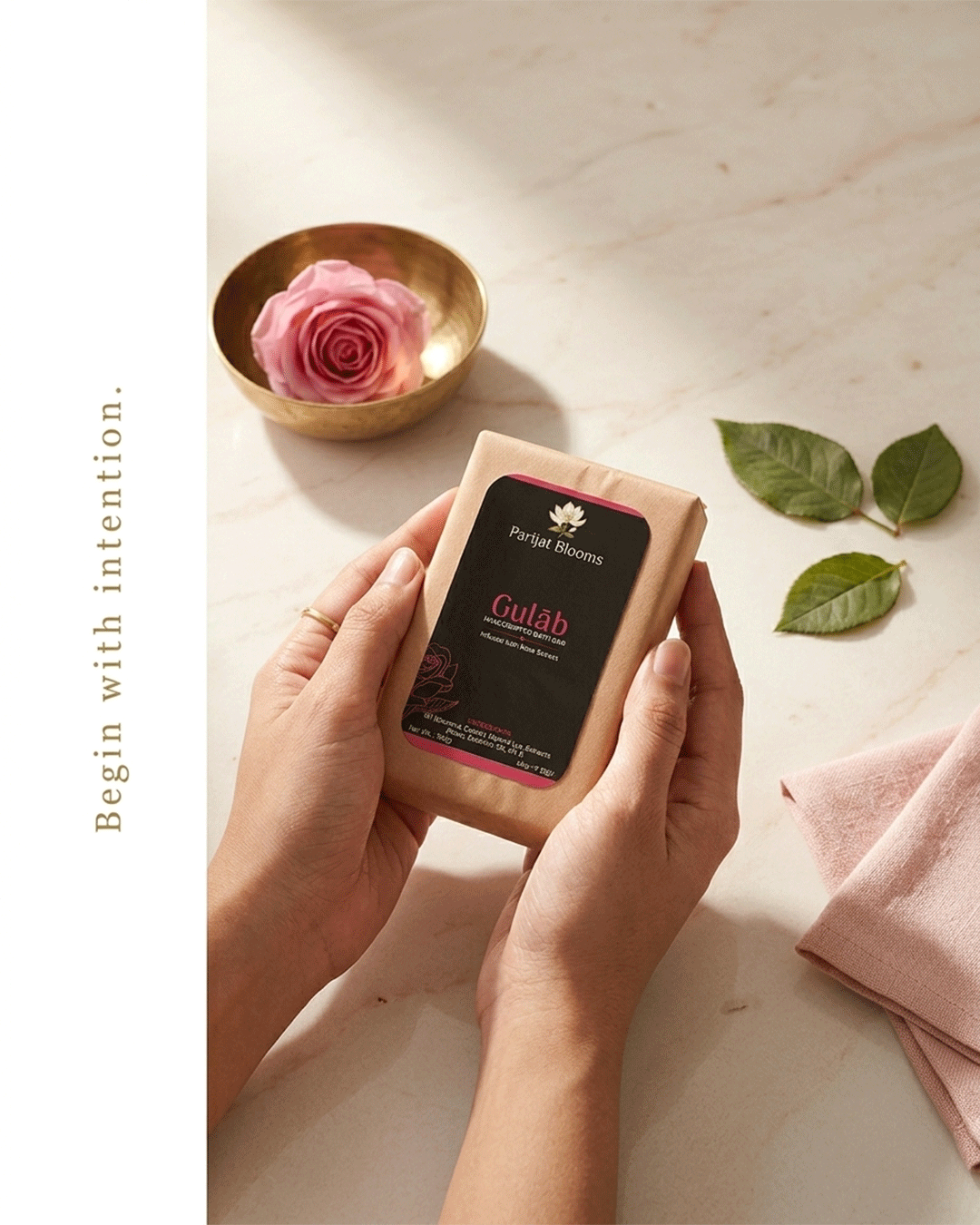Gulab Handcrafted Bath Bar Ayurvedic ritual soap in use — hand holding soap Parijat Blooms India