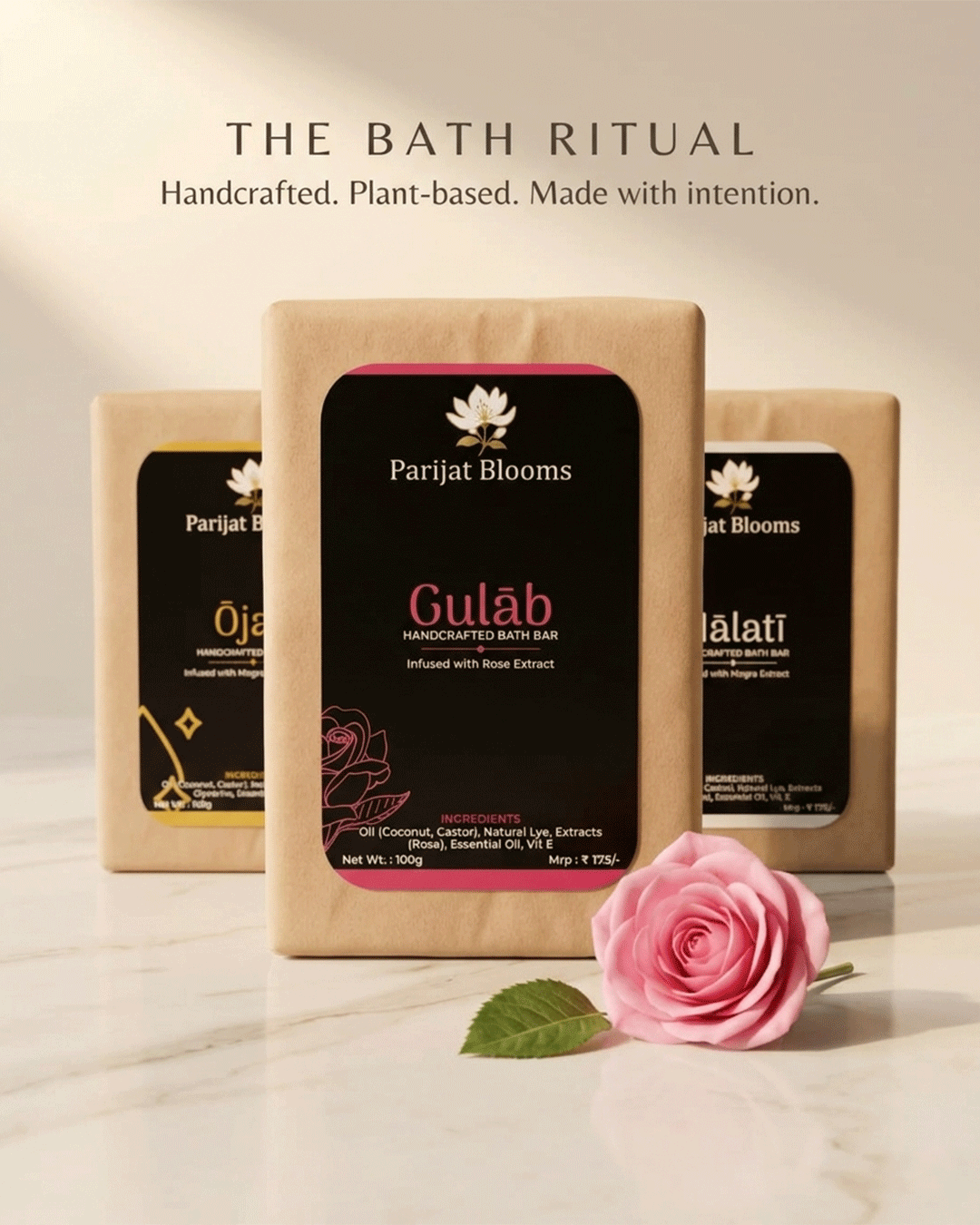 Parijat Blooms soap ritual range — Gulab Handcrafted Bath Bar and complementary products skincare routine India