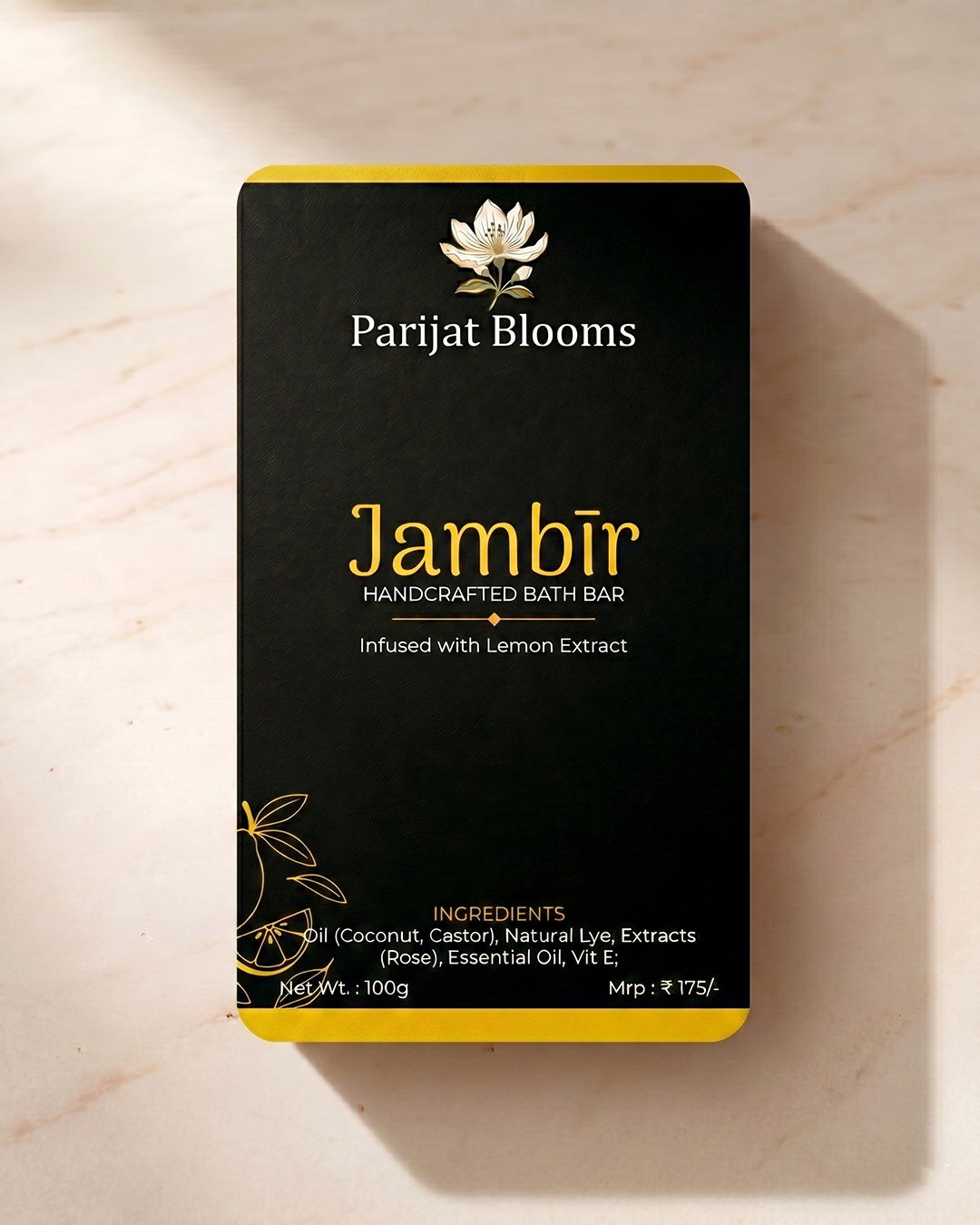 Jambir Handcrafted Bath Bar label and packaging — Jain Vegan natural soap Parijat Blooms