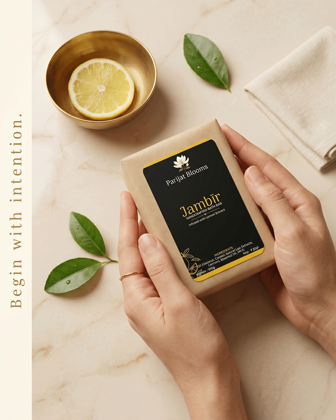 Jambir Handcrafted Bath Bar Ayurvedic ritual soap in use — hand holding soap Parijat Blooms India