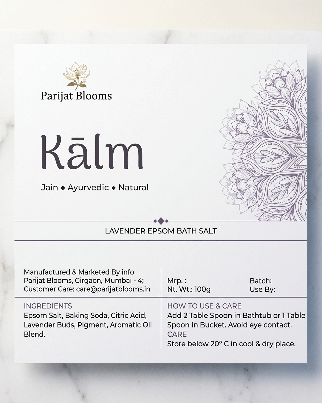Kalm Lavender Epsom Bath Salt label and packaging — Jain Vegan natural bath salt Parijat Blooms
