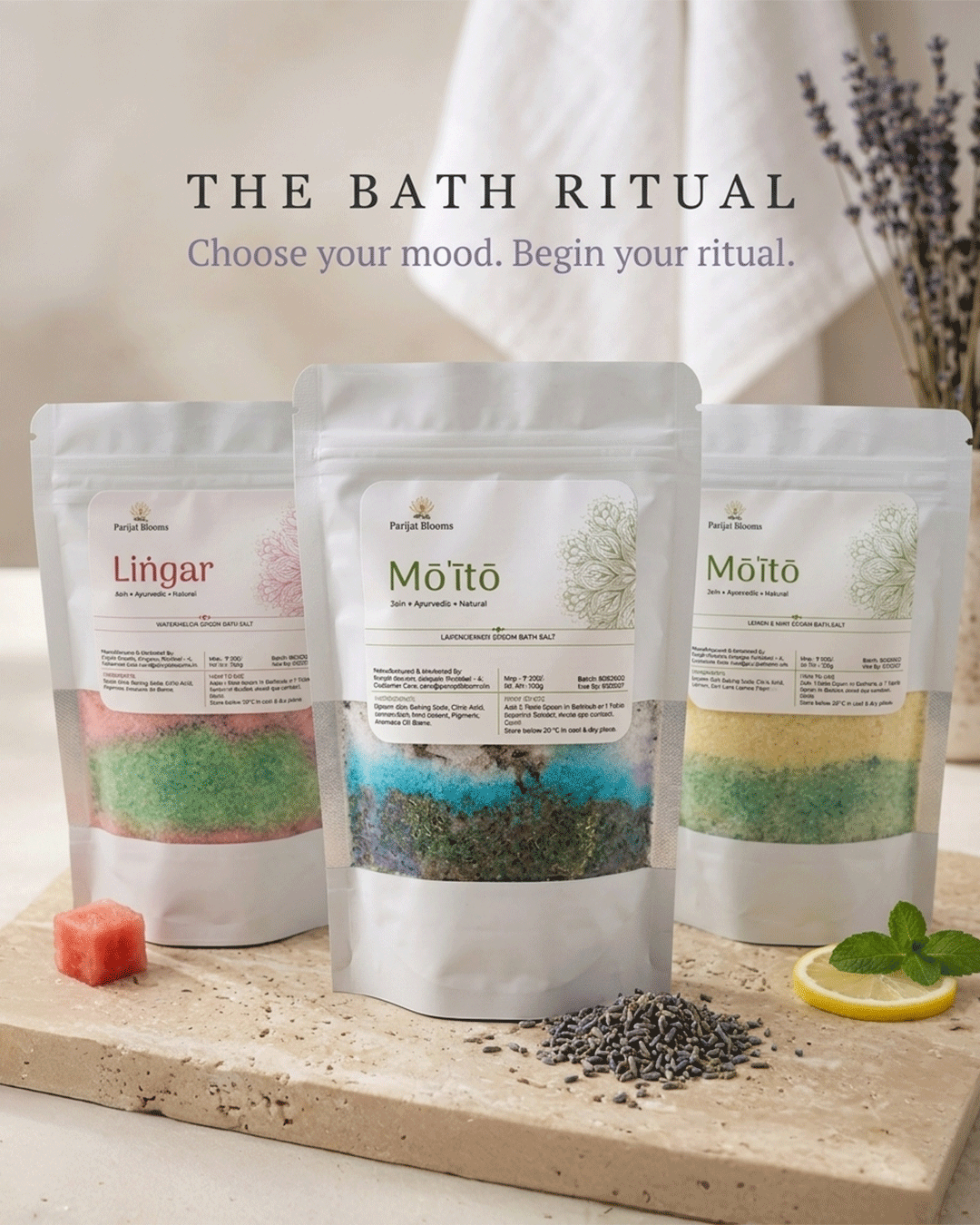 Parijat Blooms bath salt ritual range — Kalm Lavender Epsom Bath Salt and complementary products skincare routine India