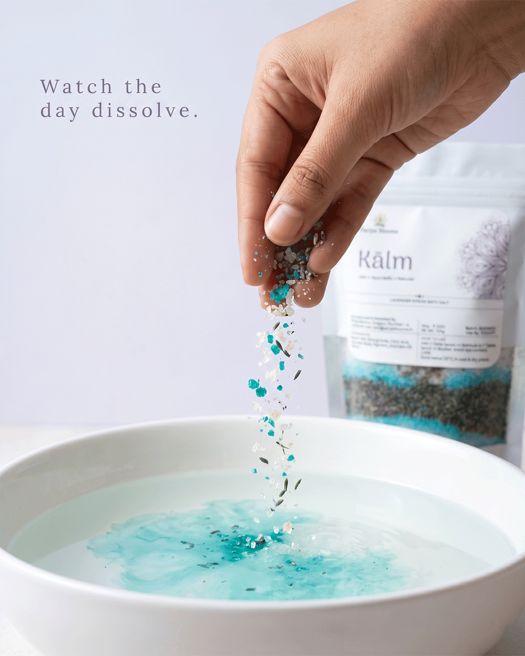 Kalm Lavender Epsom Bath Salt bath salt texture closeup — feel the spa meditative evening calming sleep muscle relief relaxation formula by Parijat Blooms