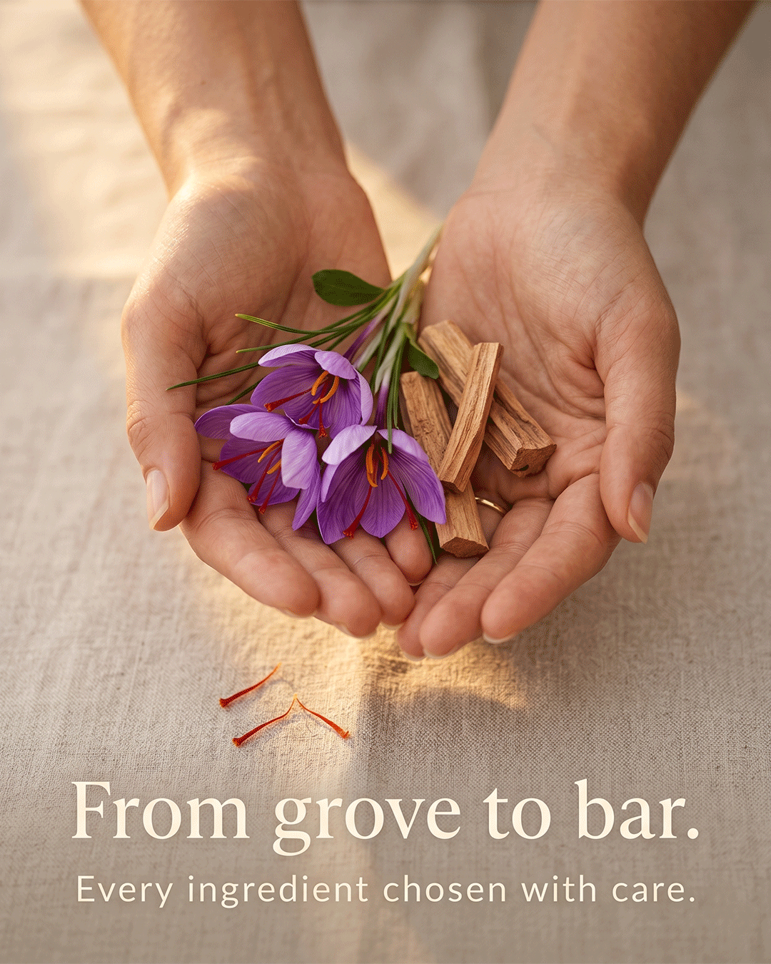 Kesar Handcrafted Bath Bar ingredient saffron white sandalwood source and craft — small batch handcrafted soap Parijat Blooms