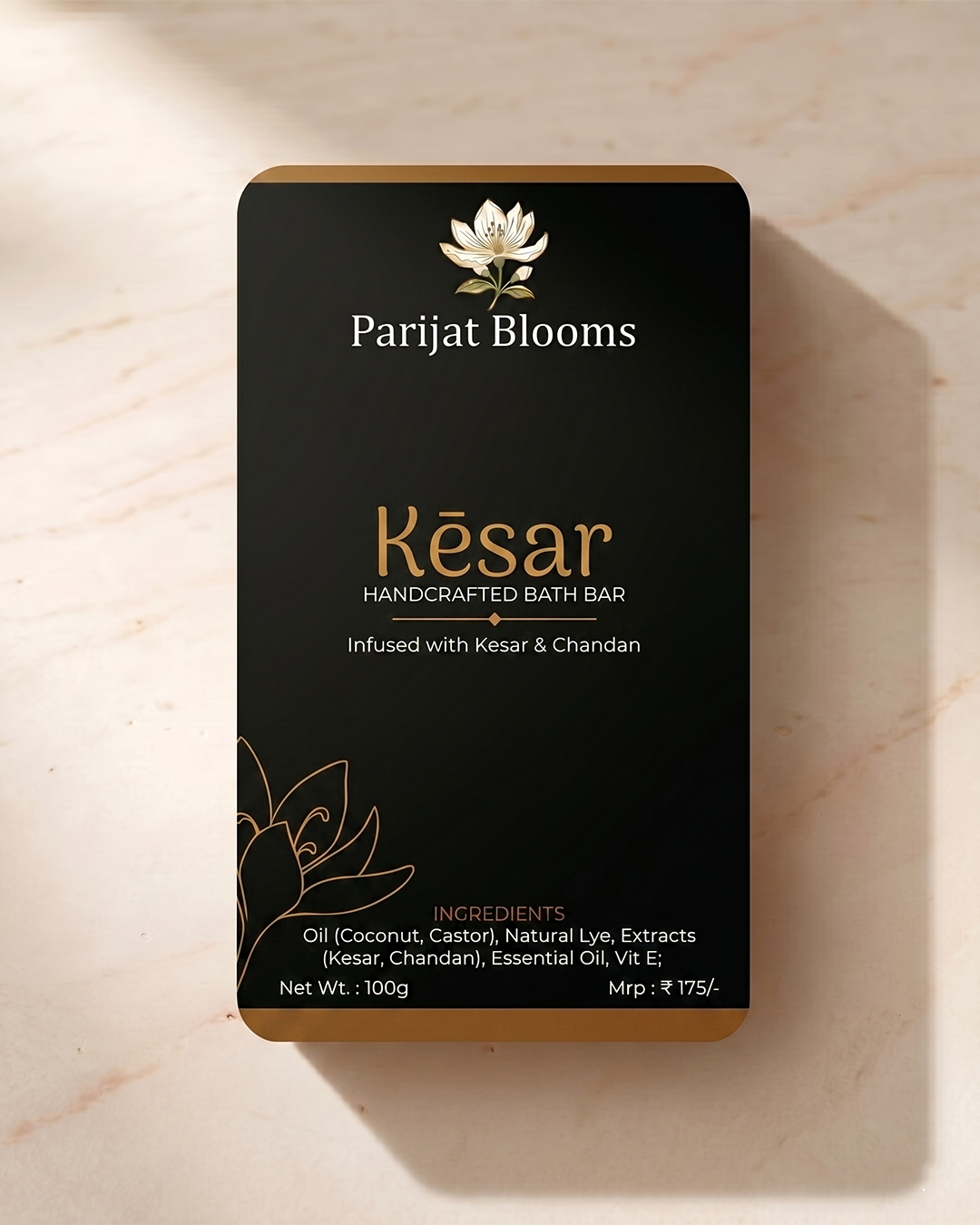 Kesar Handcrafted Bath Bar label and packaging — Jain Vegan natural soap Parijat Blooms
