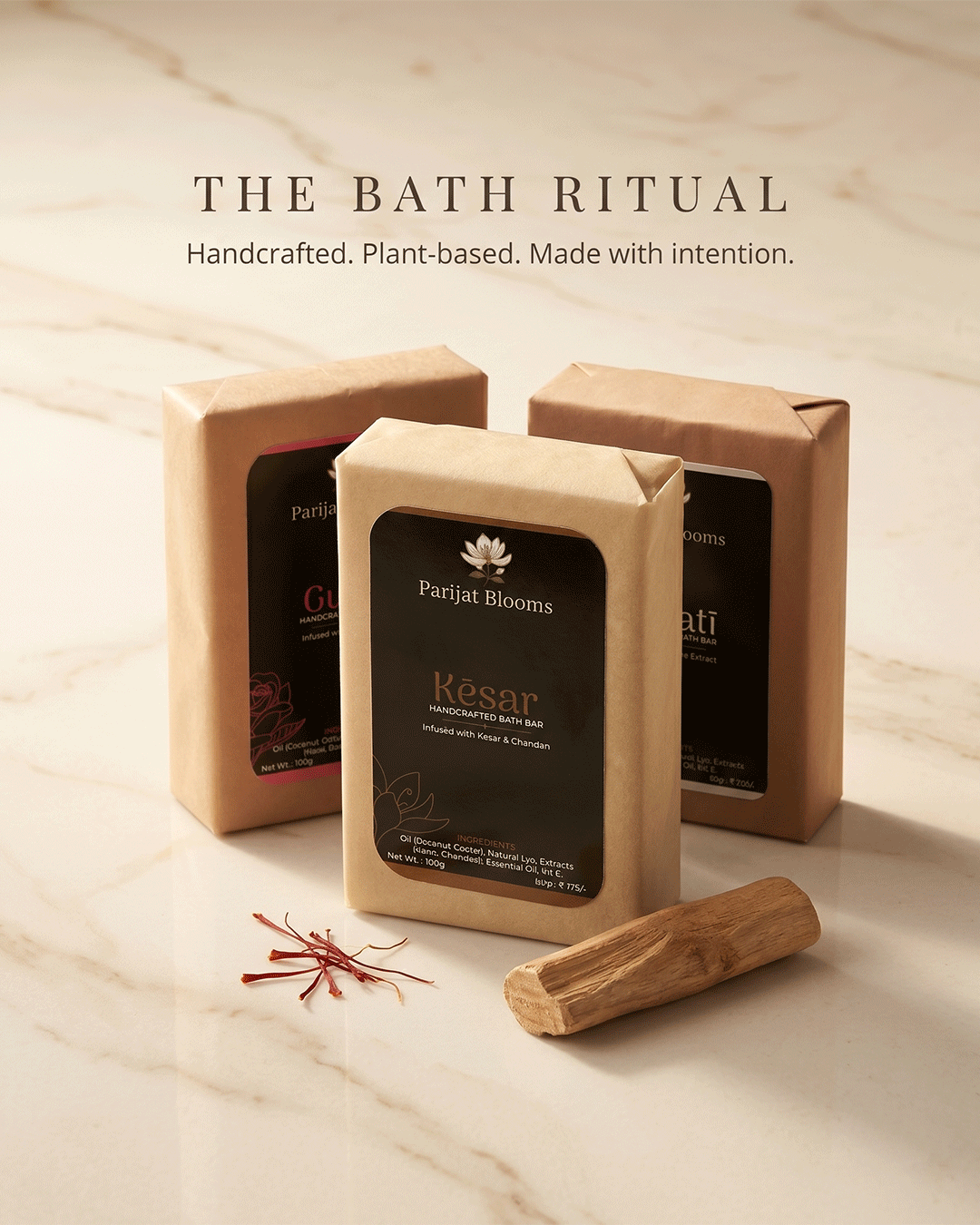 Parijat Blooms soap ritual range — Kesar Handcrafted Bath Bar and complementary products skincare routine India