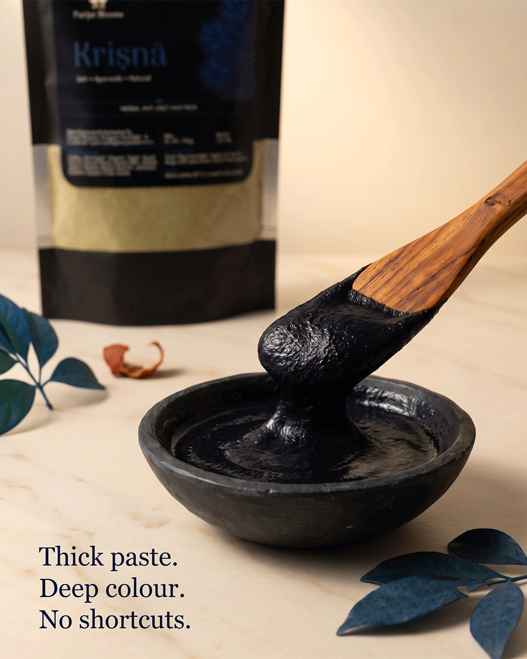 Krishna Hair Pack hair pack texture closeup — feel the powerful herbal ritual hair darkening strength anti grey scalp nourishment formula by Parijat Blooms