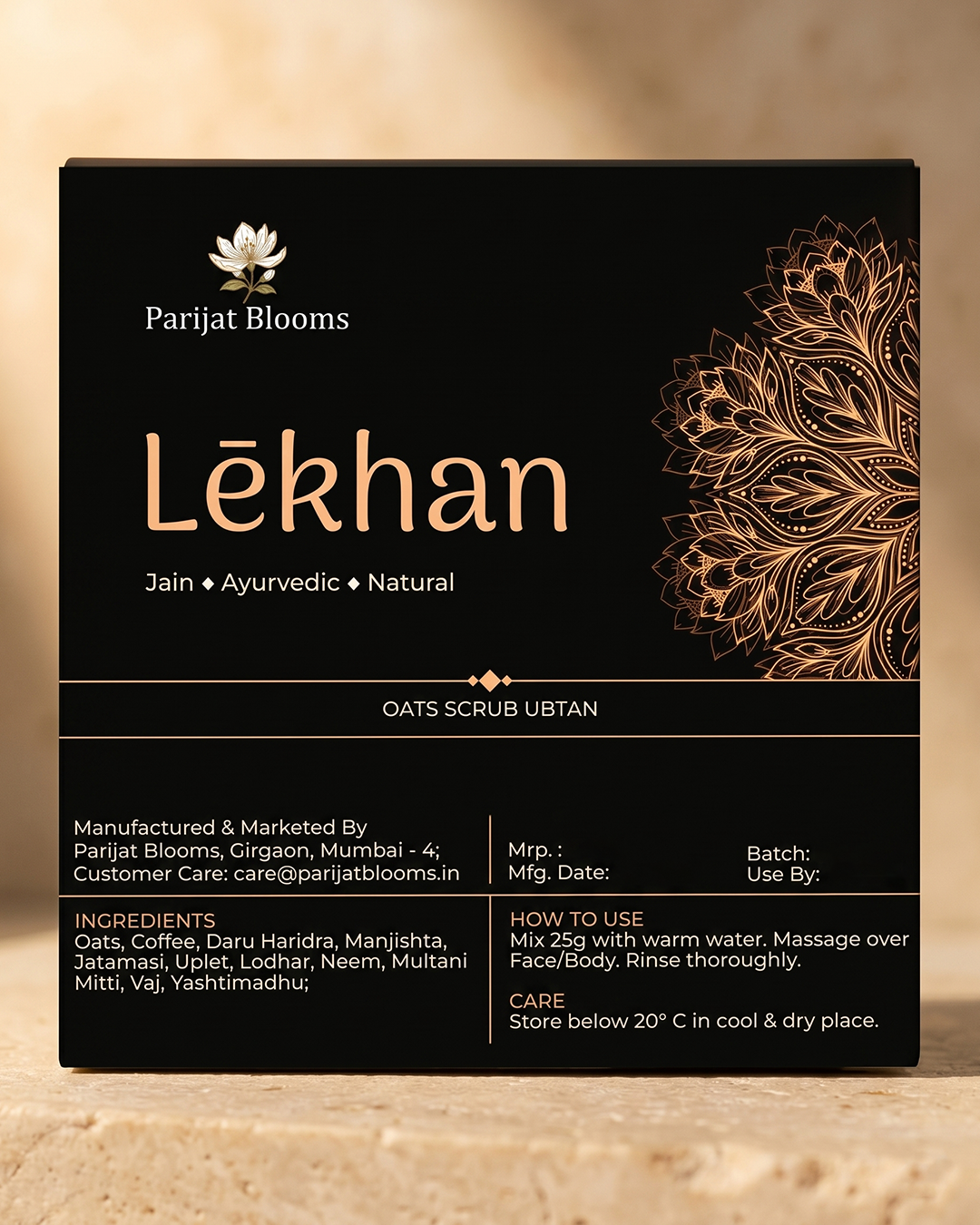 Lekhan Coffee Oat Skin Mask Ubtan label and packaging — Jain Vegan natural ubtan skin mask Parijat Blooms