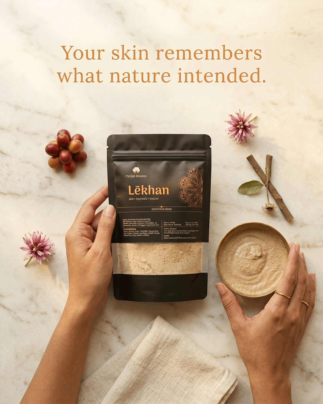 Lekhan Coffee Oat Skin Mask Ubtan Ayurvedic ritual ubtan skin mask in use — hand holding ubtan skin mask Parijat Blooms India