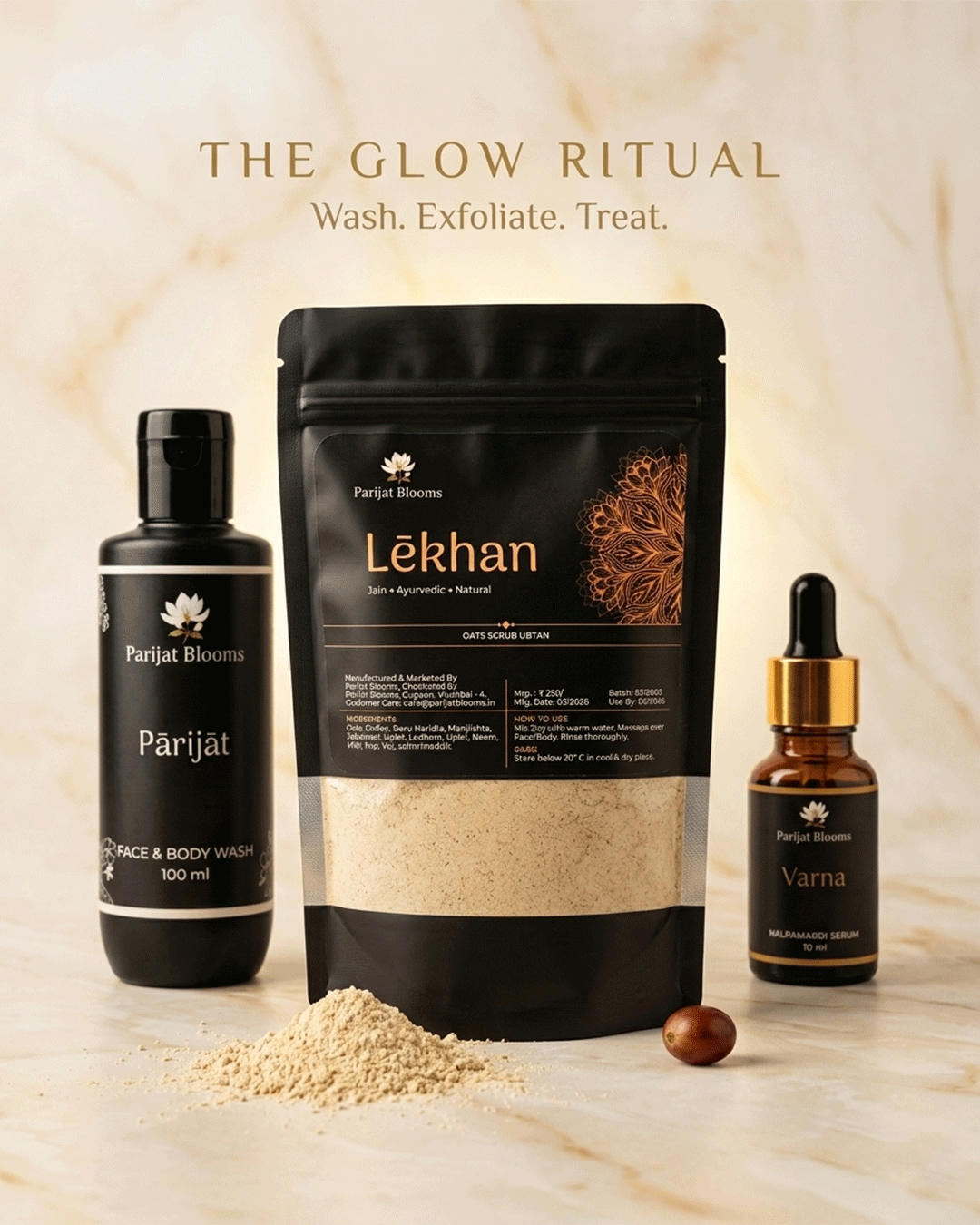 Parijat Blooms ubtan skin mask ritual range — Lekhan Coffee Oat Skin Mask Ubtan and complementary products skincare routine India