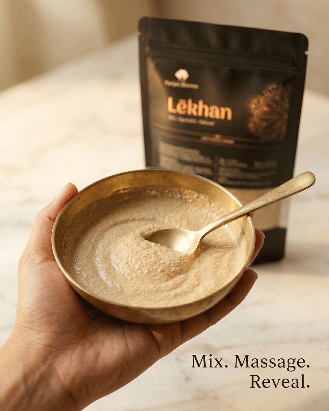 Lekhan Coffee Oat Skin Mask Ubtan ubtan skin mask texture closeup — feel the energising grounding morning exfoliating brightening anti pigmentation skin glow formula by Parijat Blooms