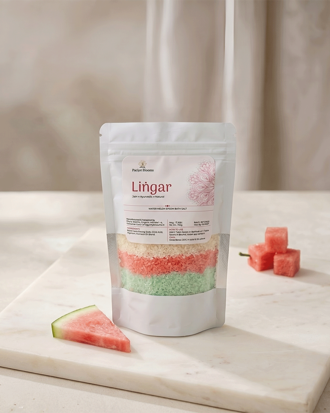 Lingar Watermelon Epsom Bath Salt premium still life with watermelon essential oil — luxury Ayurvedic bath salt by Parijat Blooms India