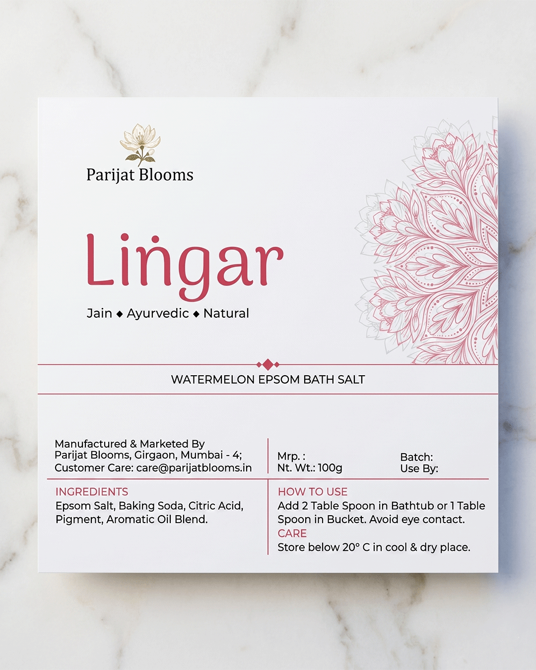 Lingar Watermelon Epsom Bath Salt label and packaging — Jain Vegan natural bath salt Parijat Blooms