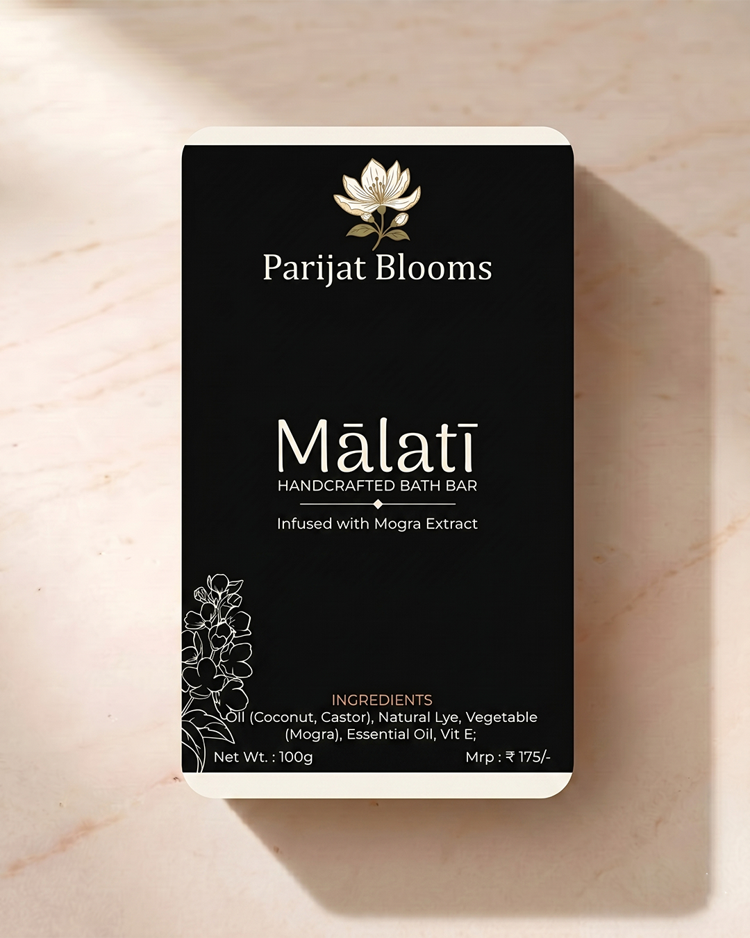 Malati Handcrafted Bath Bar label and packaging — Jain Vegan natural soap Parijat Blooms