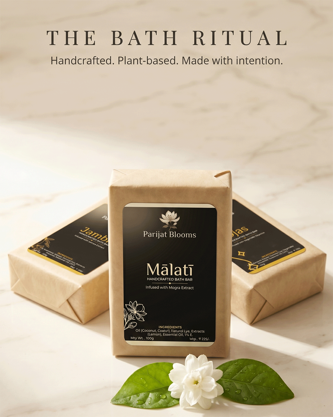 Parijat Blooms soap ritual range — Malati Handcrafted Bath Bar and complementary products skincare routine India