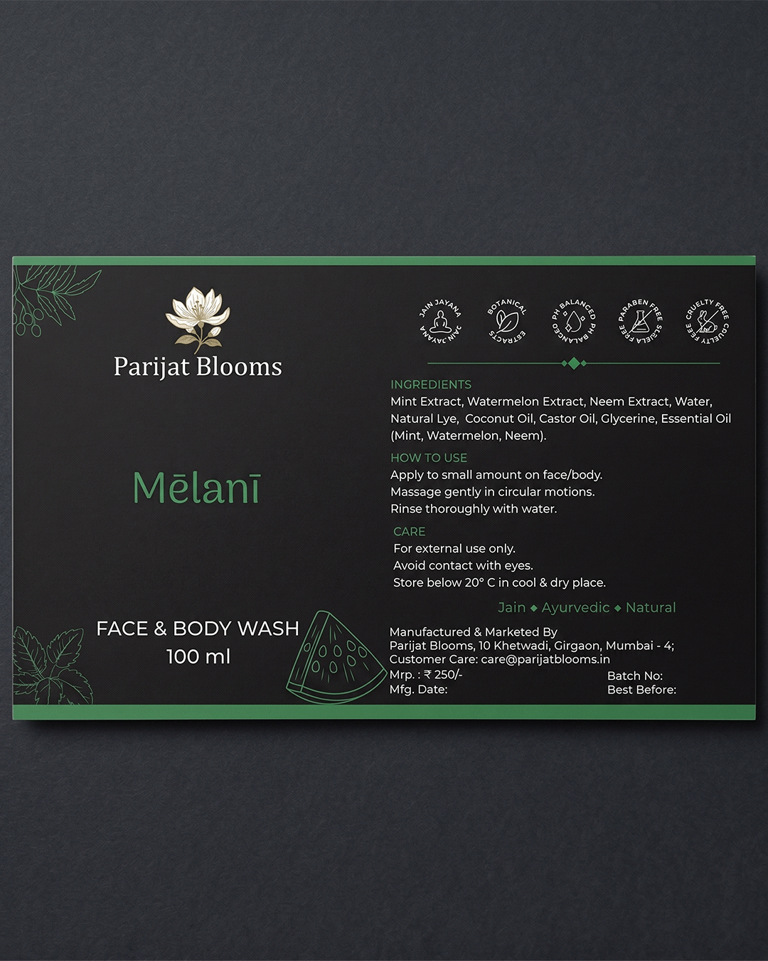 Melani Watermelon Mint Face Body Wash label and packaging — Jain Vegan natural face body wash Parijat Blooms