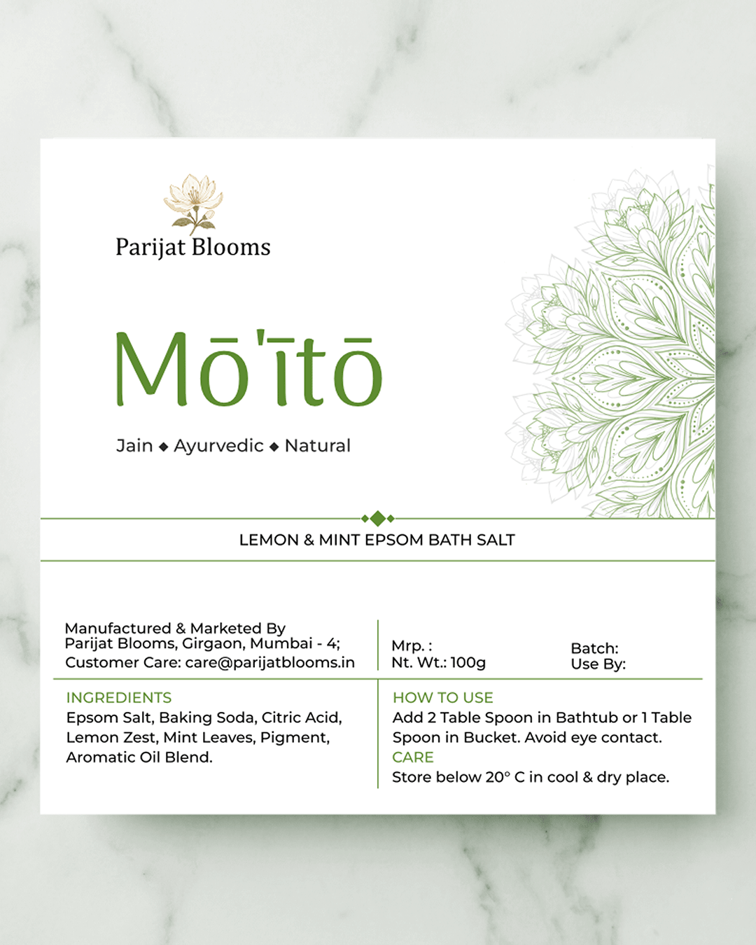 Moito Lemon Mint Epsom Bath Salt label and packaging — Jain Vegan natural bath salt Parijat Blooms