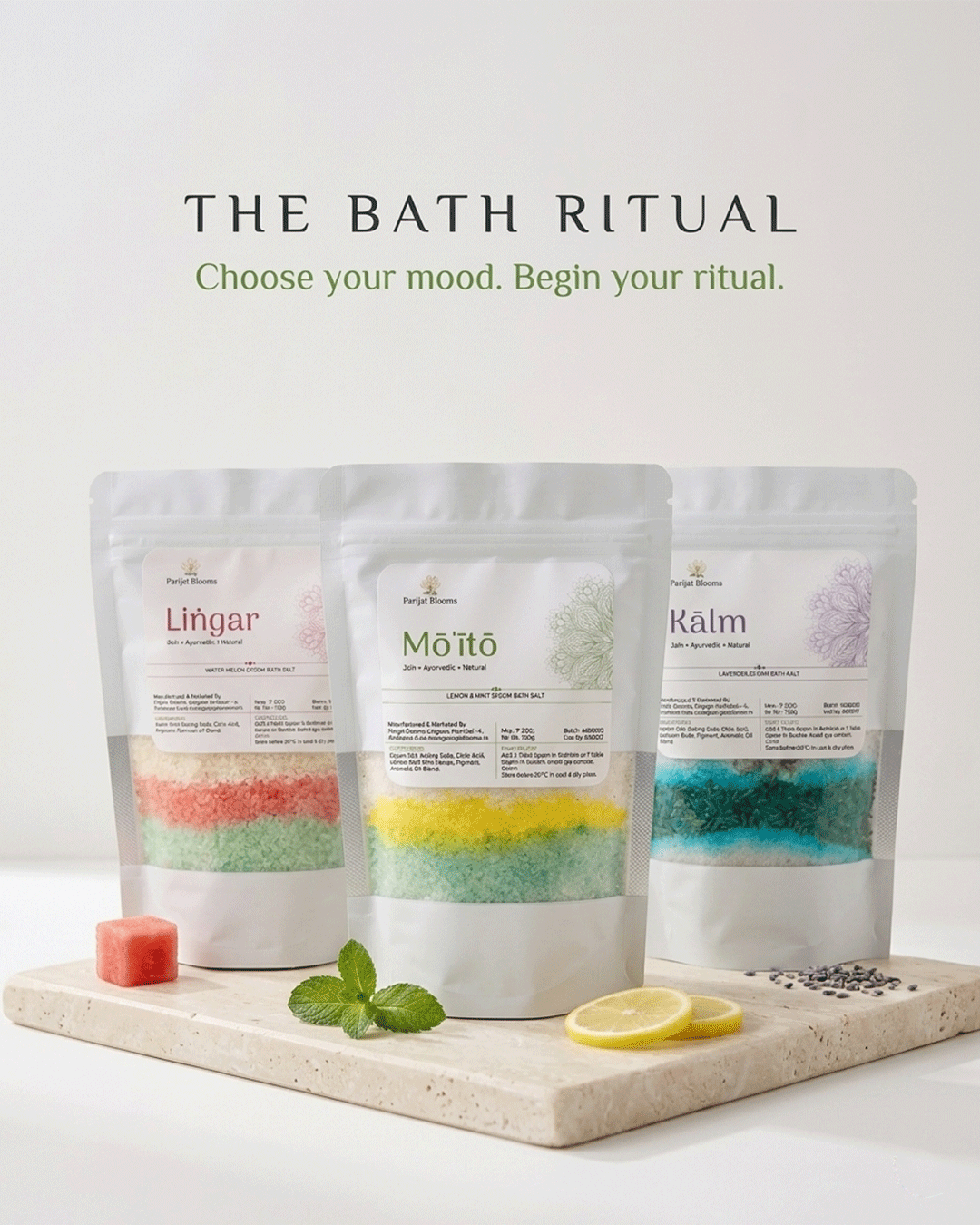 Parijat Blooms bath salt ritual range — Moito Lemon Mint Epsom Bath Salt and complementary products skincare routine India
