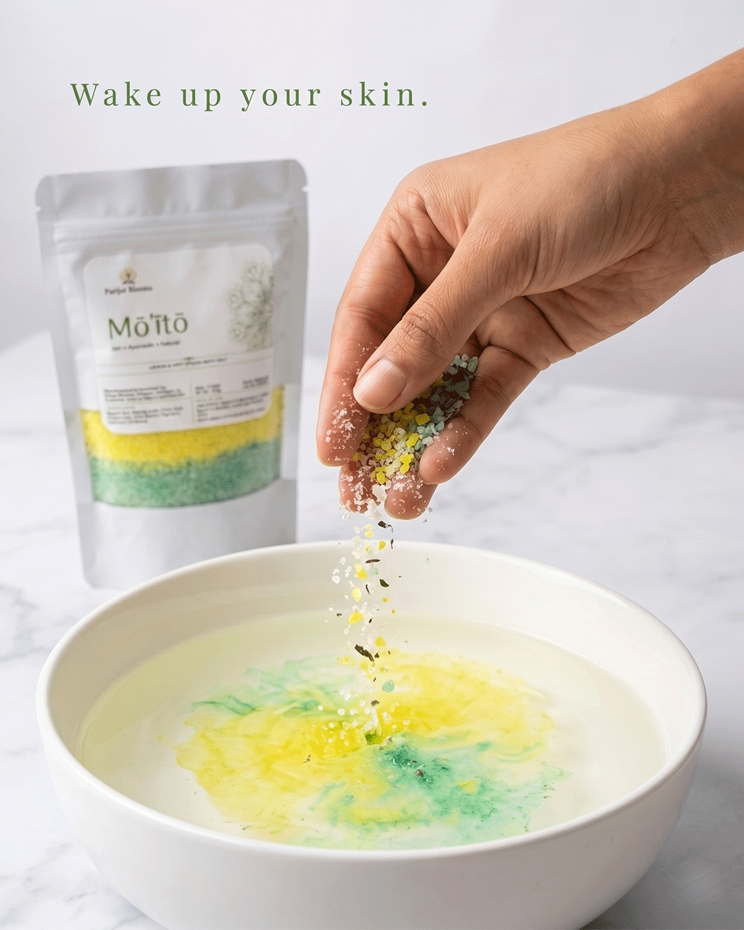 Moito Lemon Mint Epsom Bath Salt bath salt texture closeup — feel the energising fresh morning energising detox refreshing uplifting formula by Parijat Blooms