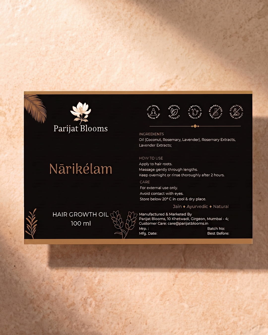 Narikelam Rosemary Hair Growth Oil label and packaging — Jain Vegan natural hair oil Parijat Blooms