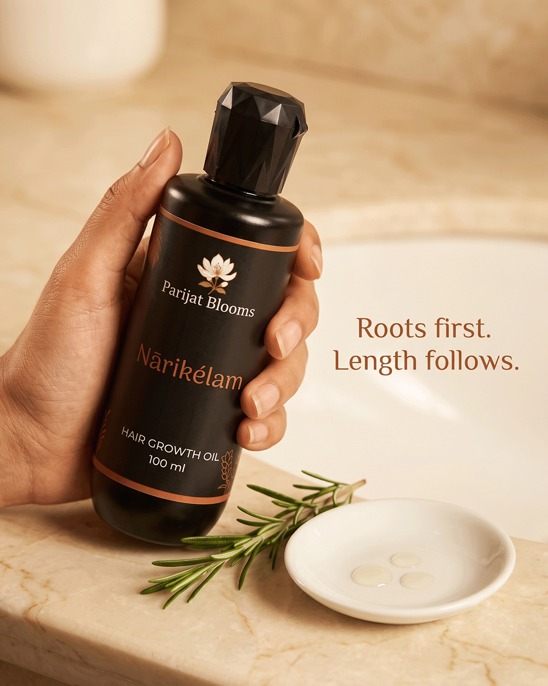 Narikelam Rosemary Hair Growth Oil Ayurvedic ritual hair oil in use — hand holding hair oil Parijat Blooms India