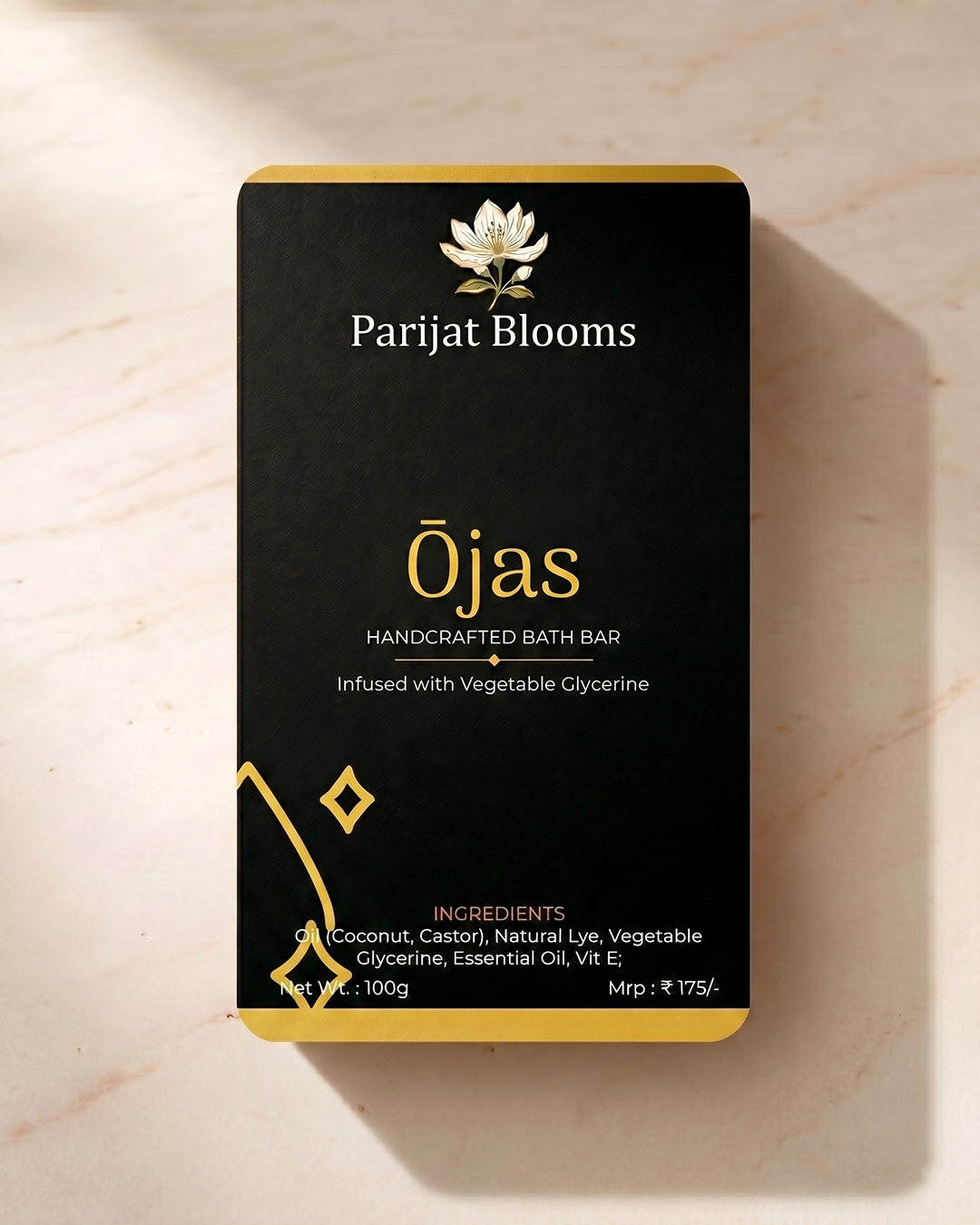 Ojas Handcrafted Bath Bar label and packaging — Jain Vegan natural soap Parijat Blooms