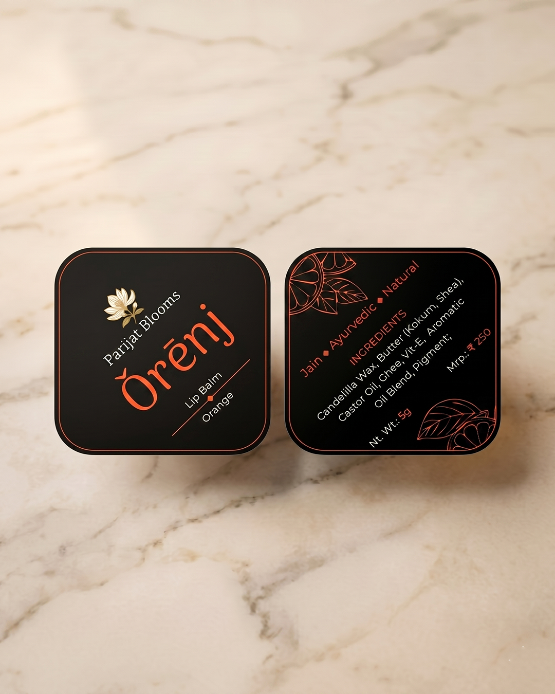 Orenj Orange Lip Balm label and packaging — Jain Vegan natural lip balm Parijat Blooms
