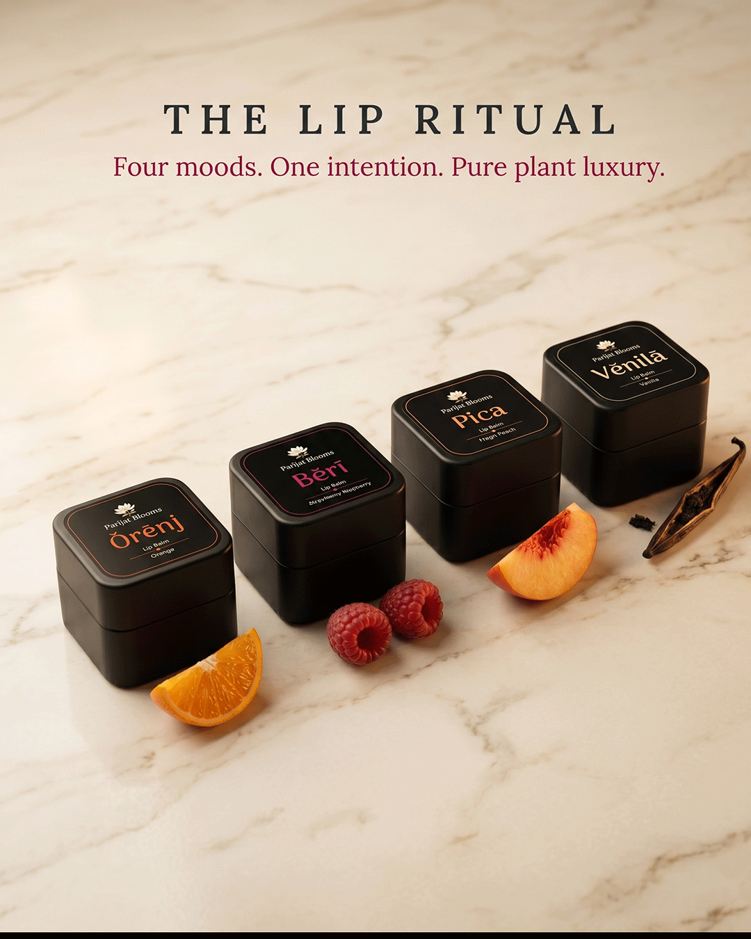 Parijat Blooms lip balm ritual range — Orenj Orange Lip Balm and complementary products skincare routine India