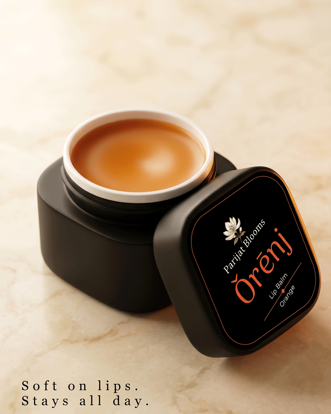 Orenj Orange Lip Balm lip balm texture closeup — feel the citrus fresh playful deep lip moisturising soft lips natural spf lip care formula by Parijat Blooms