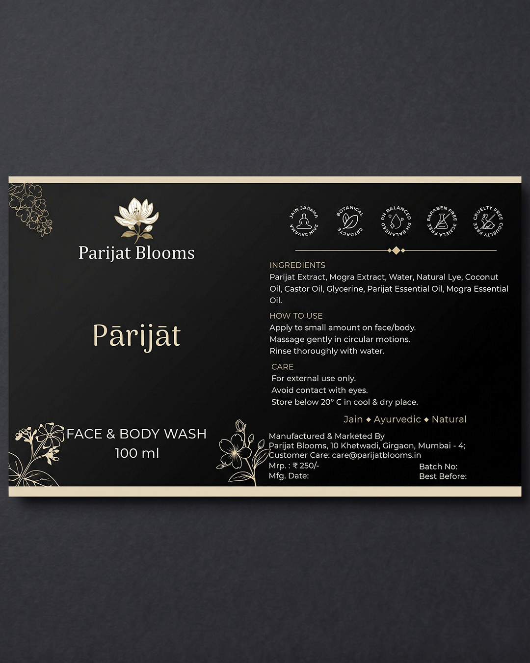 Parijat Mogra Face Body Wash label and packaging — Jain Vegan natural face body wash Parijat Blooms